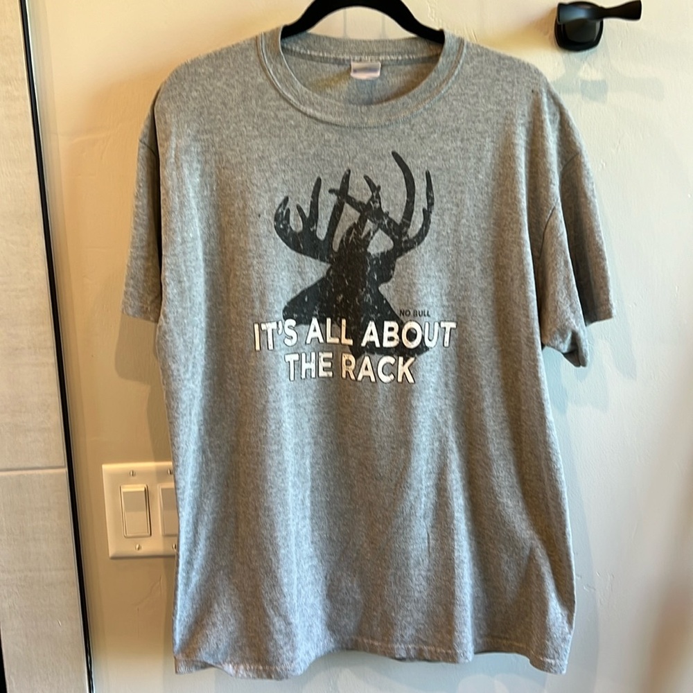 Like new gray “It’s All About the Rack” t-shirt size L